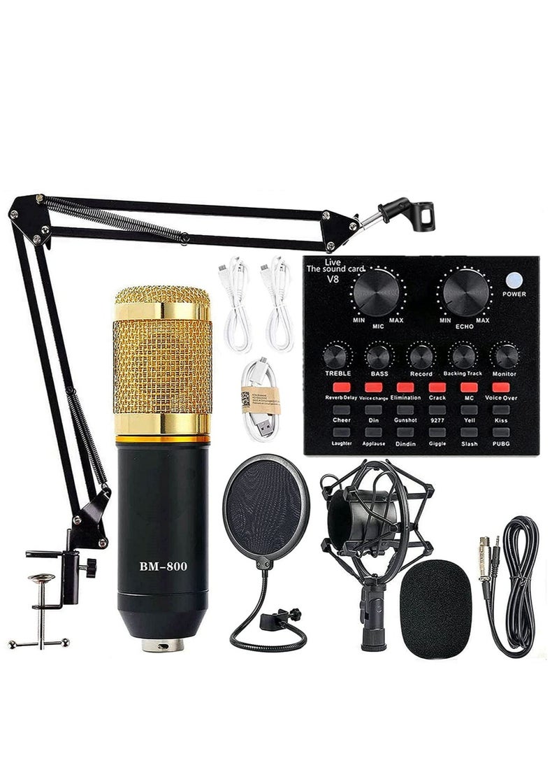 Podcast Equipment Bundle – BM-800 Microphone Kit with Live Sound Card, Adjustable Scissor Arm, Shock Mount & Pop Filter for Studio Recording (Gold)