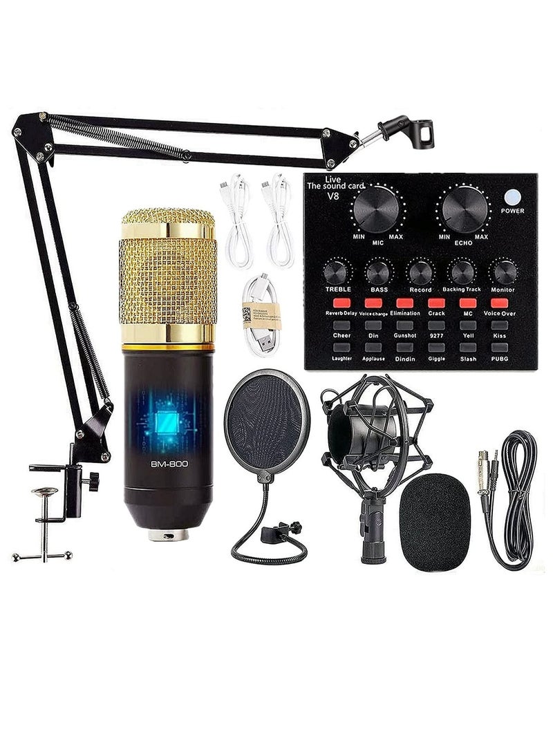 Podcast Equipment Bundle – BM-800 Microphone Kit with Live Sound Card, Adjustable Scissor Arm, Shock Mount & Pop Filter for Studio Recording (Gold)