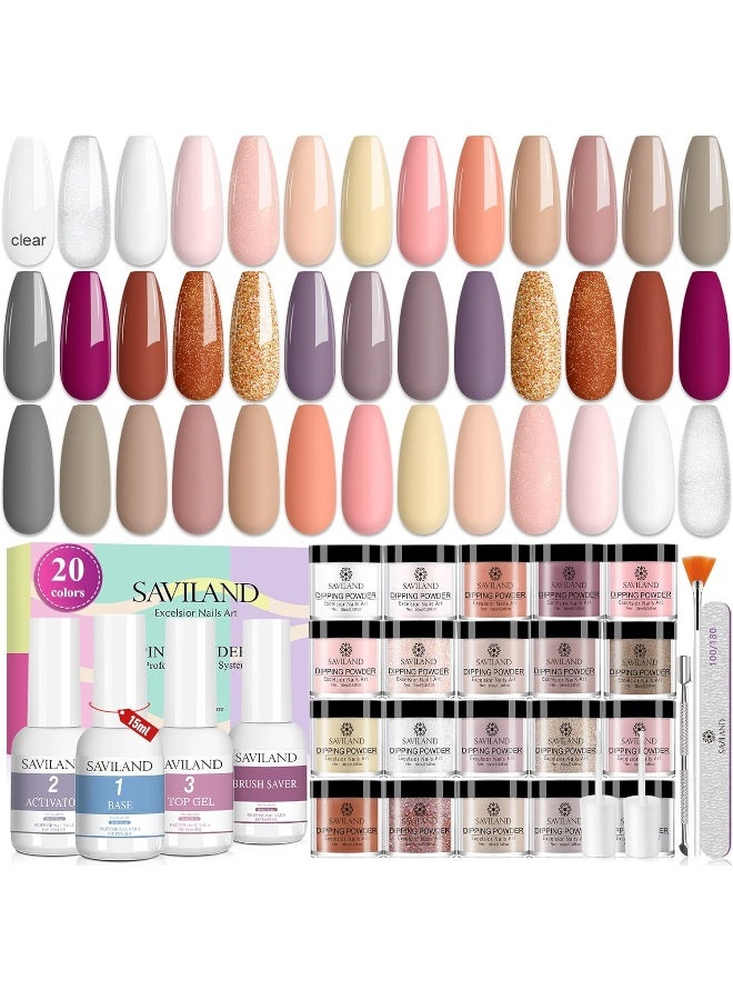 Saviland 29 Pcs Dip Powder Nail Kit - 20 Colors Clear White Nude Dip Powder Set Dipping Powder System Liquid Set with Base & Top Coat Activator Brush Saver for Nail Art Design, French Nail Manicure