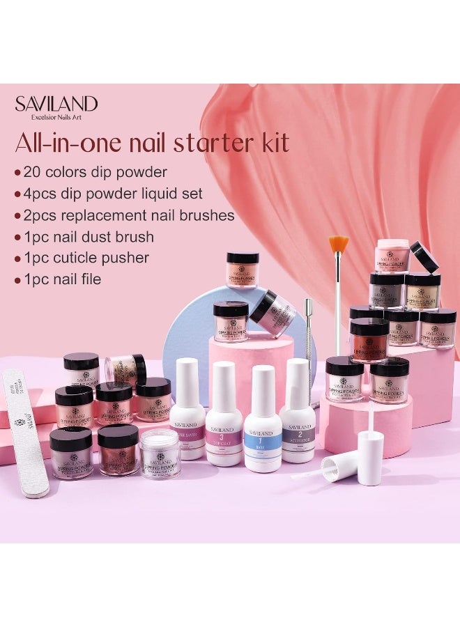 Saviland 29 Pcs Dip Powder Nail Kit - 20 Colors Clear White Nude Dip Powder Set Dipping Powder System Liquid Set with Base & Top Coat Activator Brush Saver for Nail Art Design, French Nail Manicure