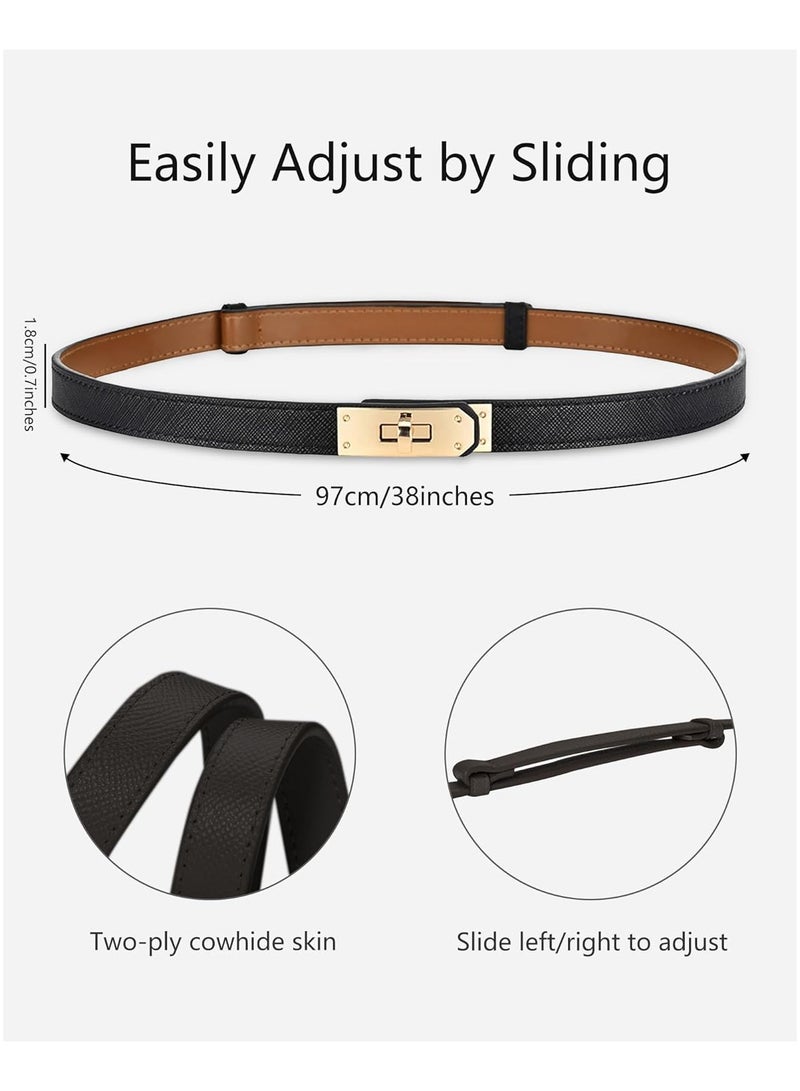 2pcs Women's Skinny Leather Belt with Adjustable Silver Turn-Lock Buckle - Ideal for Dresses, Jeans, and Coats, Black