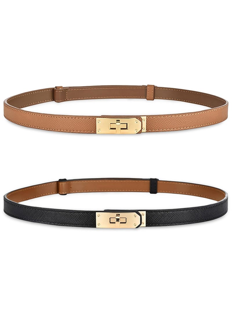 2pcs Women's Skinny Leather Belt with Adjustable Silver Turn-Lock Buckle - Ideal for Dresses, Jeans, and Coats, Black