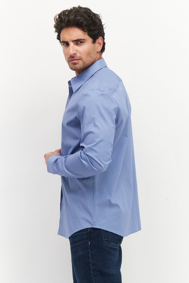 Men Slim Fit Embroidered Logo Long Sleeves Casual Shirt, Blue