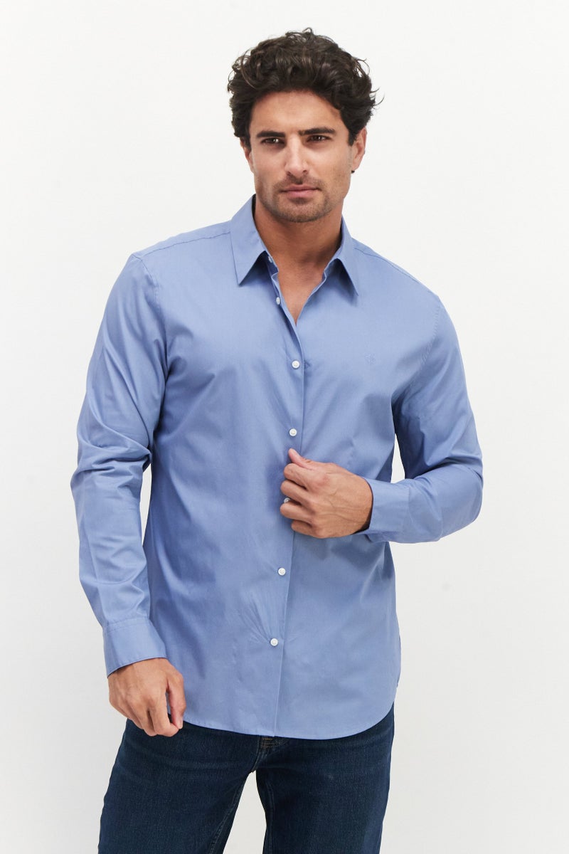 Men Slim Fit Embroidered Logo Long Sleeves Casual Shirt, Blue