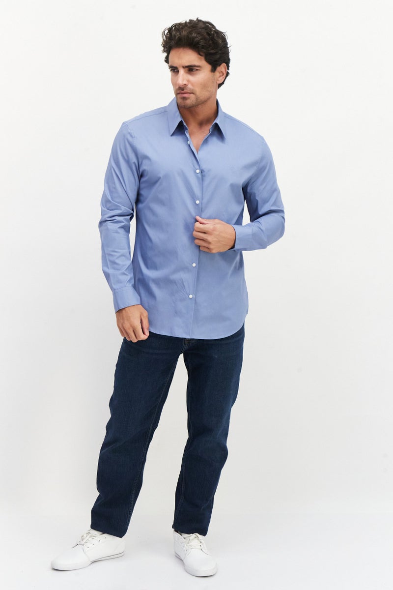 Men Slim Fit Embroidered Logo Long Sleeves Casual Shirt, Blue