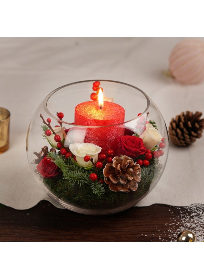 Candle And Flowers In Glass Bowl