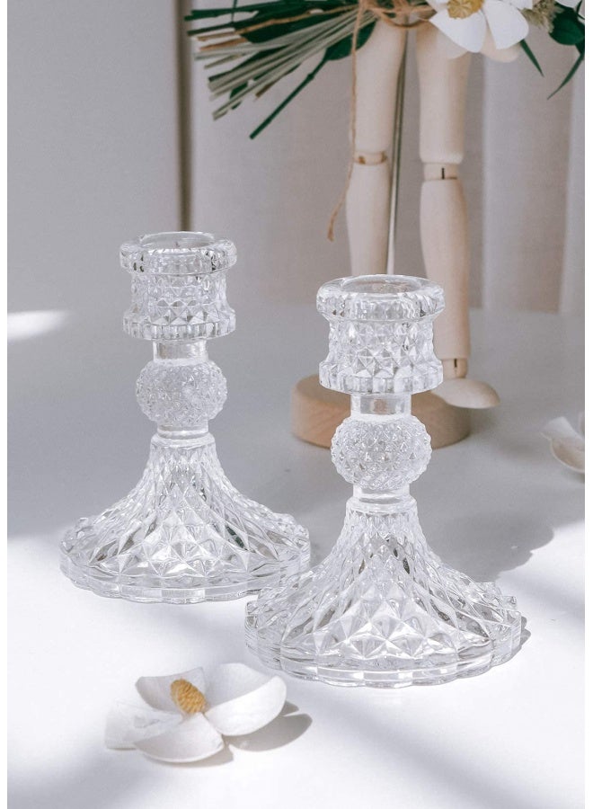 NcTaper Candle Holders Set of 2  Clear Glass Candlestick Holder Fit 0.8 Inch Candles  5 Inch Tall Crystal Decorative Candle Stand Centerpiece for Table Wedding Dinning Party