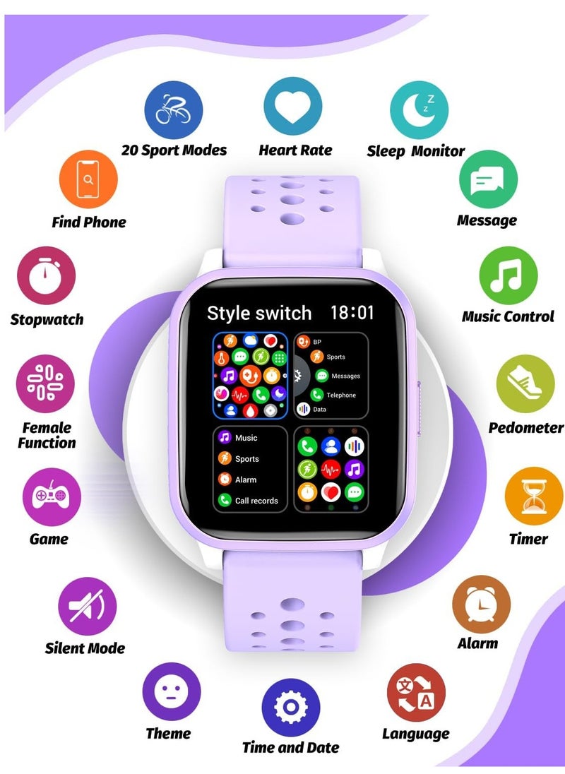 Kids Smart Watch with Sleep Mode, 20 Sports Modes, 5 Games and Pedometer - Fun Birthday Gifts for 4-16 Year-Olds(Purple)