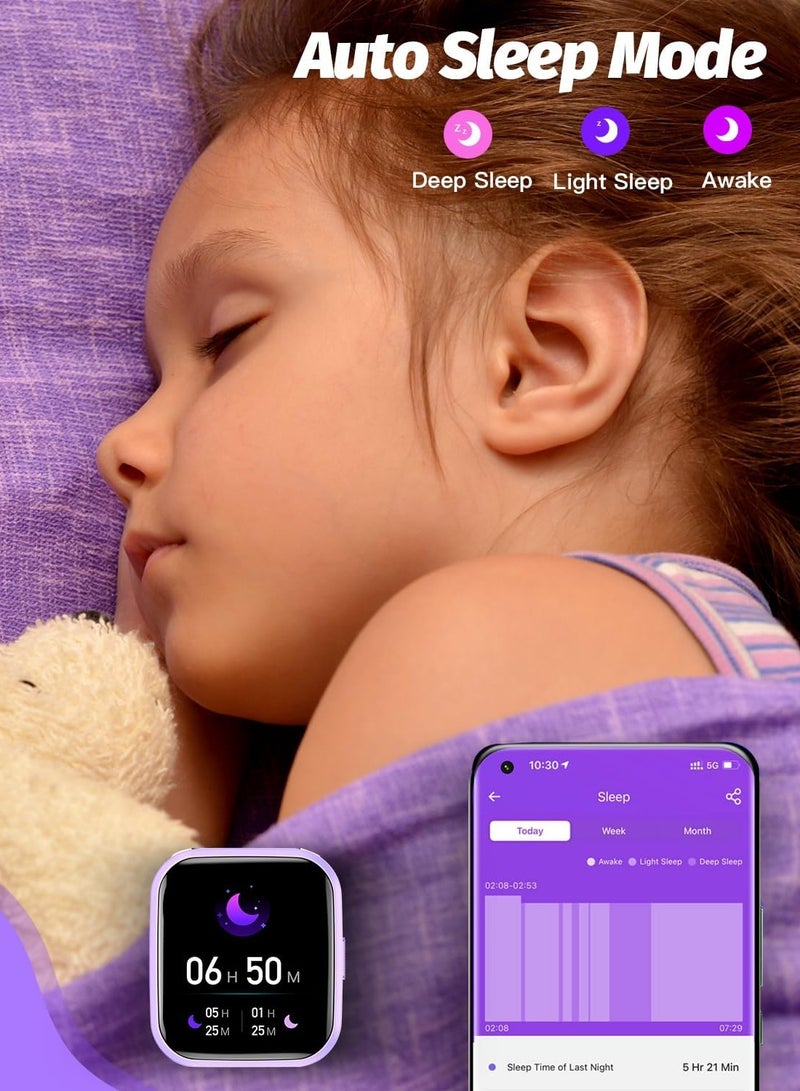 Kids Smart Watch with Sleep Mode, 20 Sports Modes, 5 Games and Pedometer - Fun Birthday Gifts for 4-16 Year-Olds(Purple)