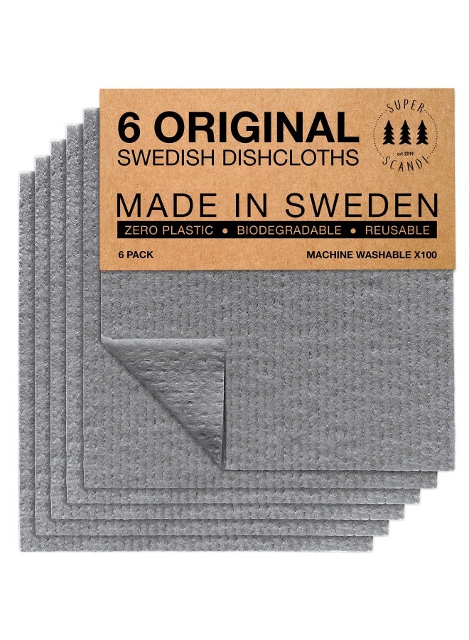 Superscandi Swedish Dishcloths For Kitchen 6 Pack Of Grey Reusable Compostable Kitchen Cloth Made In Sweden Cellulose Sponge Swedish Dish Cloths For Washing Dishes