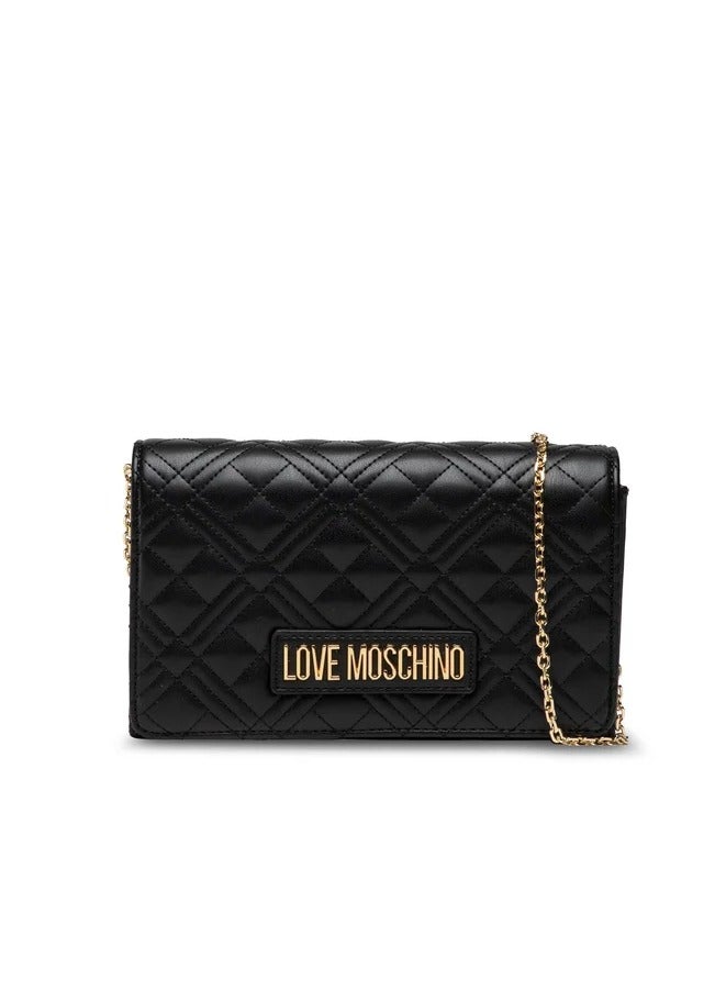 Black Quilted Shoulder Bag with Elegant Gold Detailing for Women