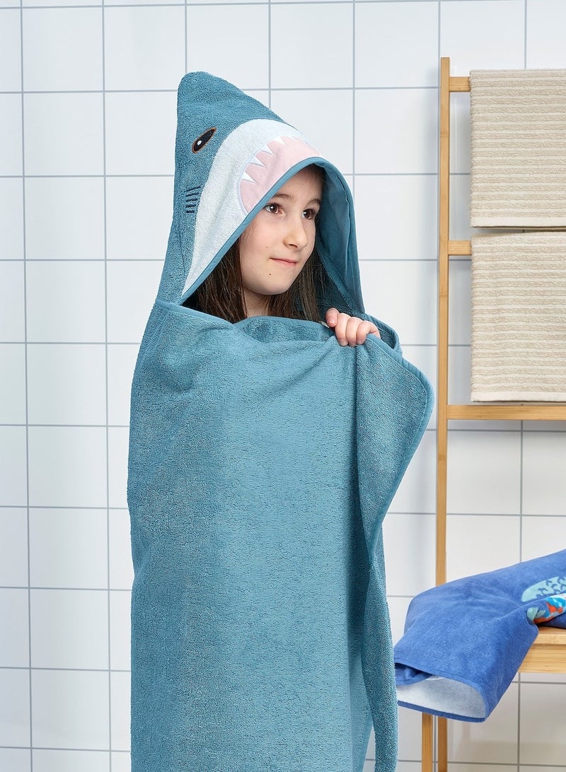 Towel with Hood - Shark-Shaped Blue-Grey, Soft and Absorbent Cotton Towel for Kids, Fun and Imaginative Design, Ideal for Bath Time and Swimming