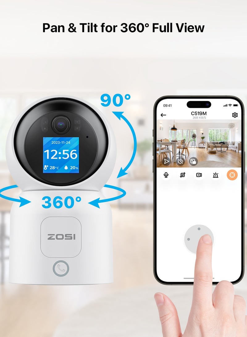 ZOSI 4MP Indoor Camera with Screen, 360° Views Baby/Pet Dog Monitor with Gesture/One-Touch Calling, 2 Way Video, 2.4G/5G Dual-Band WiFi Home CCTV Security Camera, Person Detection, C519M