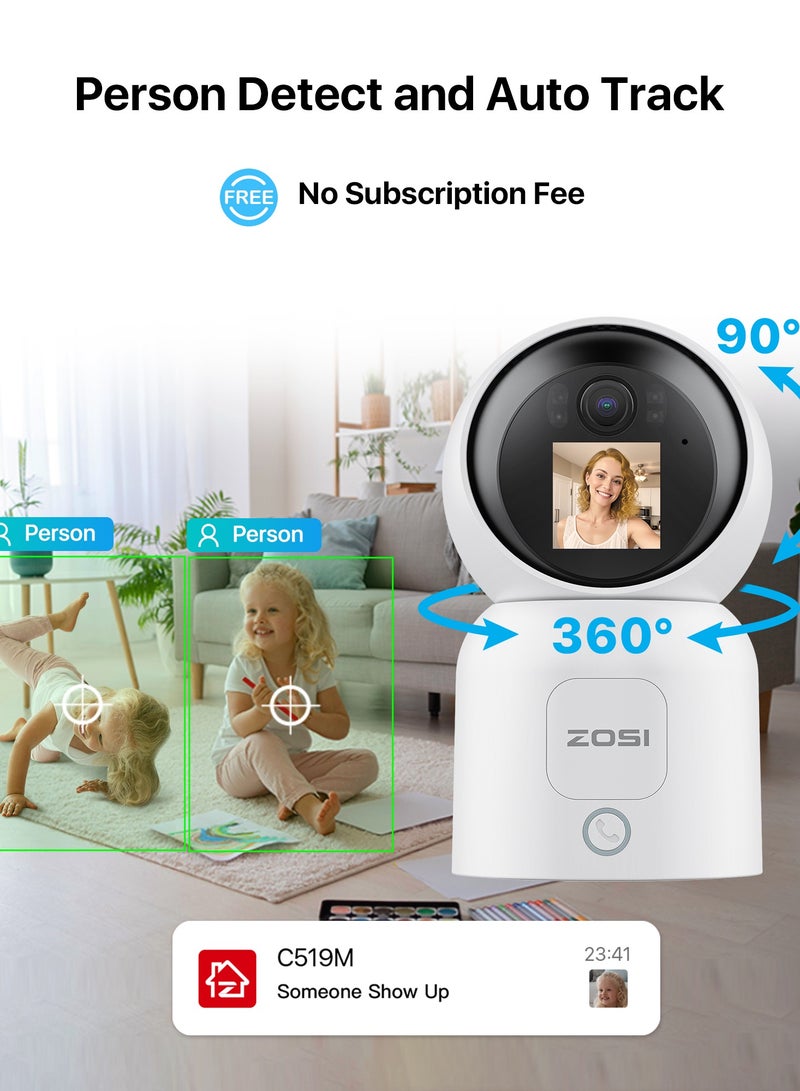 ZOSI 4MP Indoor Camera with Screen, 360° Views Baby/Pet Dog Monitor with Gesture/One-Touch Calling, 2 Way Video, 2.4G/5G Dual-Band WiFi Home CCTV Security Camera, Person Detection, C519M