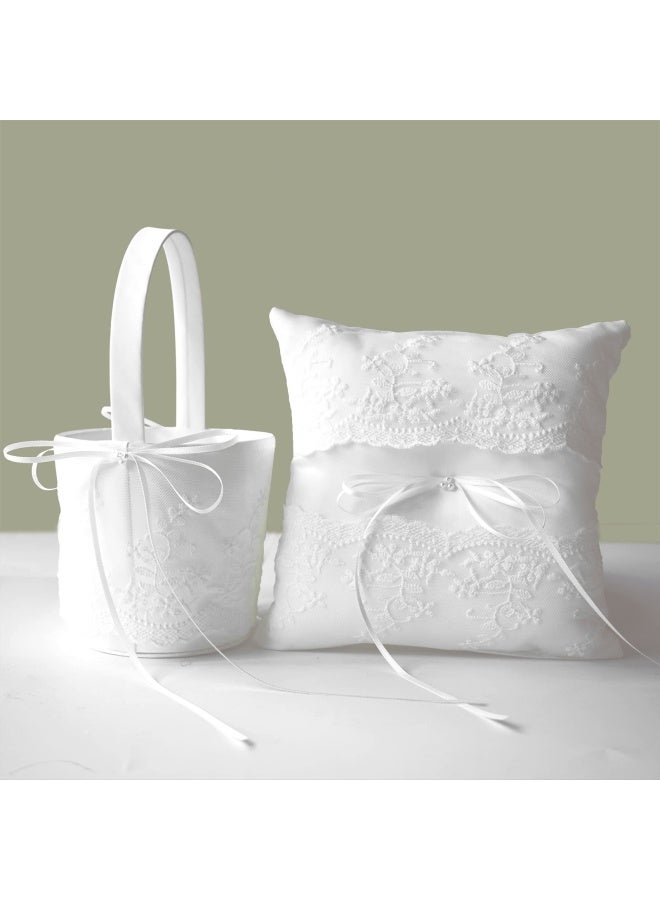 Atailove Flower Girl Basket And Ring Bearer Pillow Set For Wedding Ivory Ring Pillow For Wedding Party