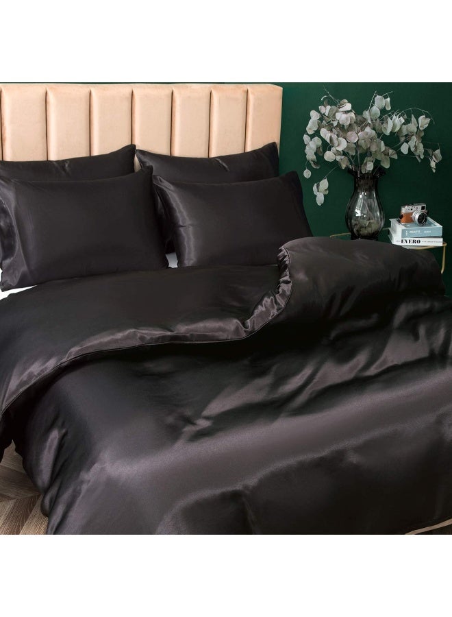 P Pothuiny 5 Pieces Satin Duvet Cover King Size Set Luxury Silky Like Black Duvet Cover Bedding Set With Zipper Closure 1 Duvet Cover With 4 Pillow Cases No Comforter