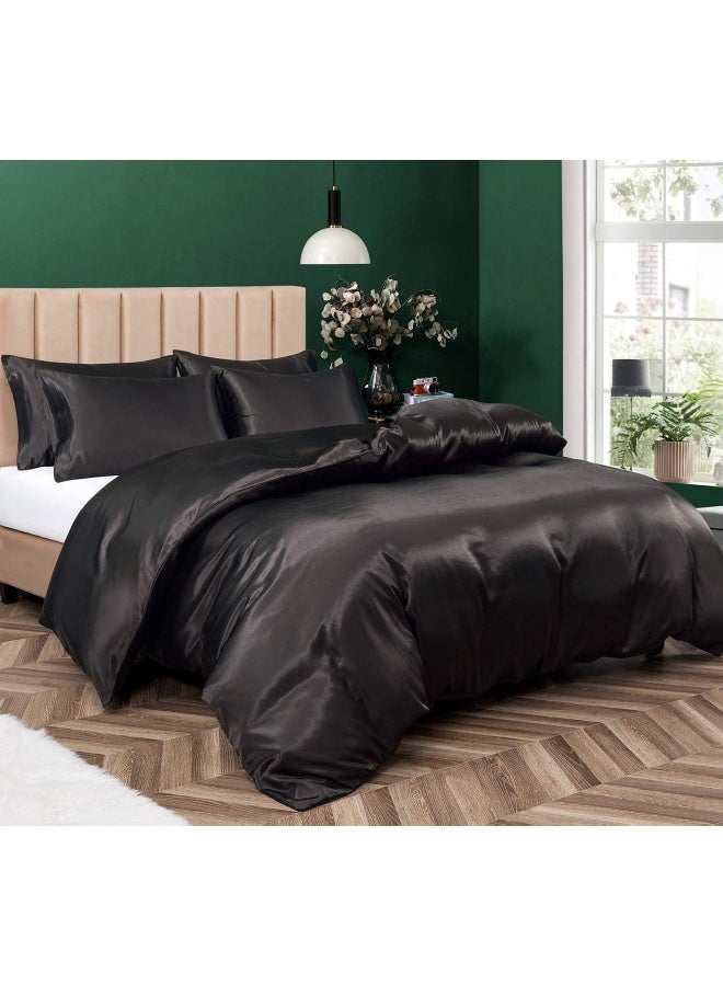 P Pothuiny 5 Pieces Satin Duvet Cover King Size Set Luxury Silky Like Black Duvet Cover Bedding Set With Zipper Closure 1 Duvet Cover With 4 Pillow Cases No Comforter