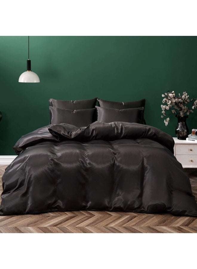 P Pothuiny 5 Pieces Satin Duvet Cover King Size Set Luxury Silky Like Black Duvet Cover Bedding Set With Zipper Closure 1 Duvet Cover With 4 Pillow Cases No Comforter