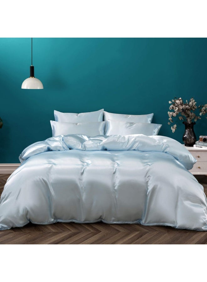 P Pothuiny 5 Pieces Satin Duvet Cover King Size Set Luxury Silky Like Baby Blue Duvet Cover Bedding Set With Zipper Closure 1 Duvet Cover With 4 Pillow Cases No Comforter