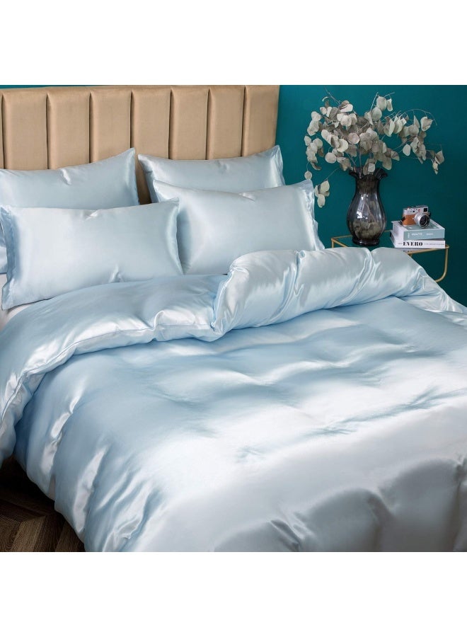 P Pothuiny 5 Pieces Satin Duvet Cover King Size Set Luxury Silky Like Baby Blue Duvet Cover Bedding Set With Zipper Closure 1 Duvet Cover With 4 Pillow Cases No Comforter