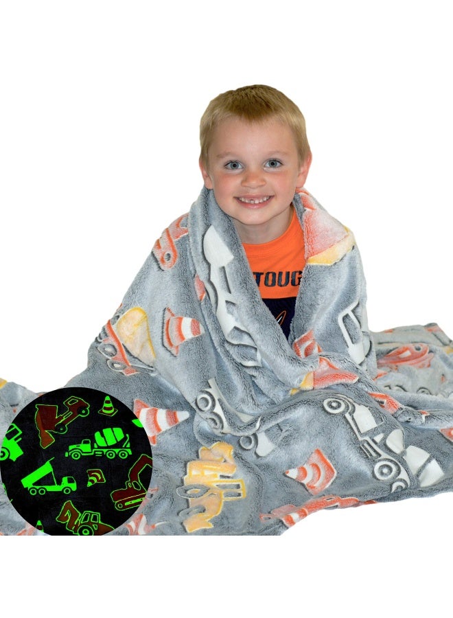 Construction Truck Blanket Glow In The Dark Luminous Tractor Blanket For Kids - Soft Plush Digger Dump Truck Excavator Blanket Throw For Boys - Large 60Inx50In Glowing Big Trucks Toddler Blankets