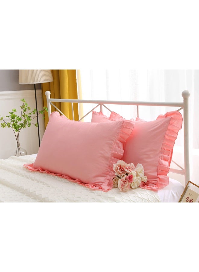 Hem Ruffle Pillow Cases Pillow Shams Covers Pink Queen Size Set Of 2 Cotton 20X30 Inches