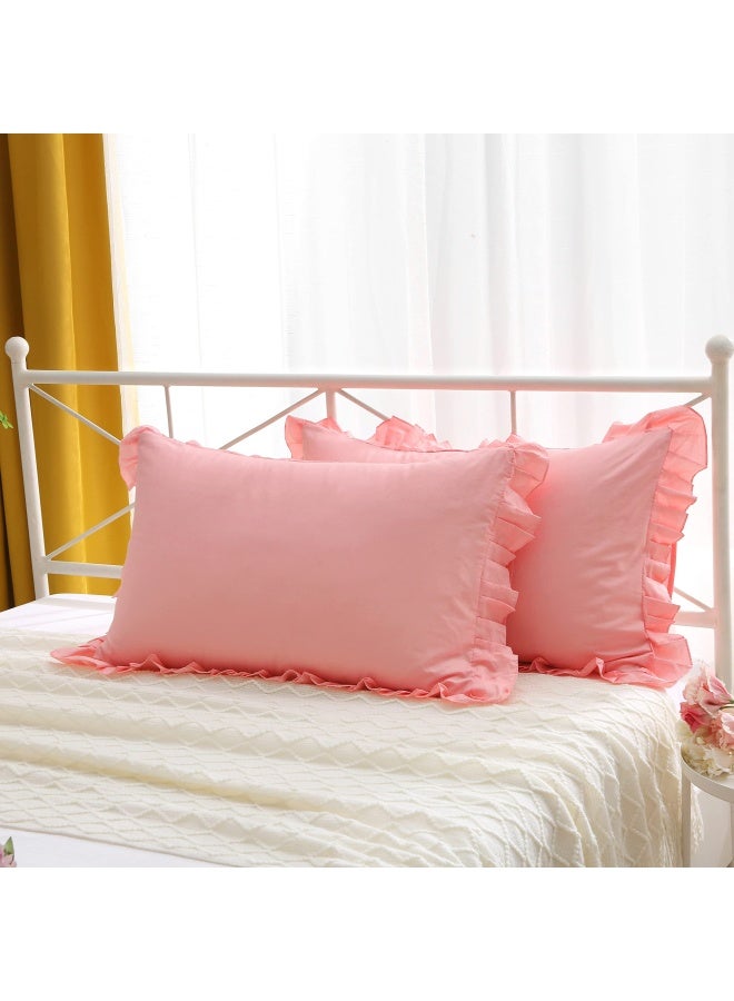 Hem Ruffle Pillow Cases Pillow Shams Covers Pink Queen Size Set Of 2 Cotton 20X30 Inches