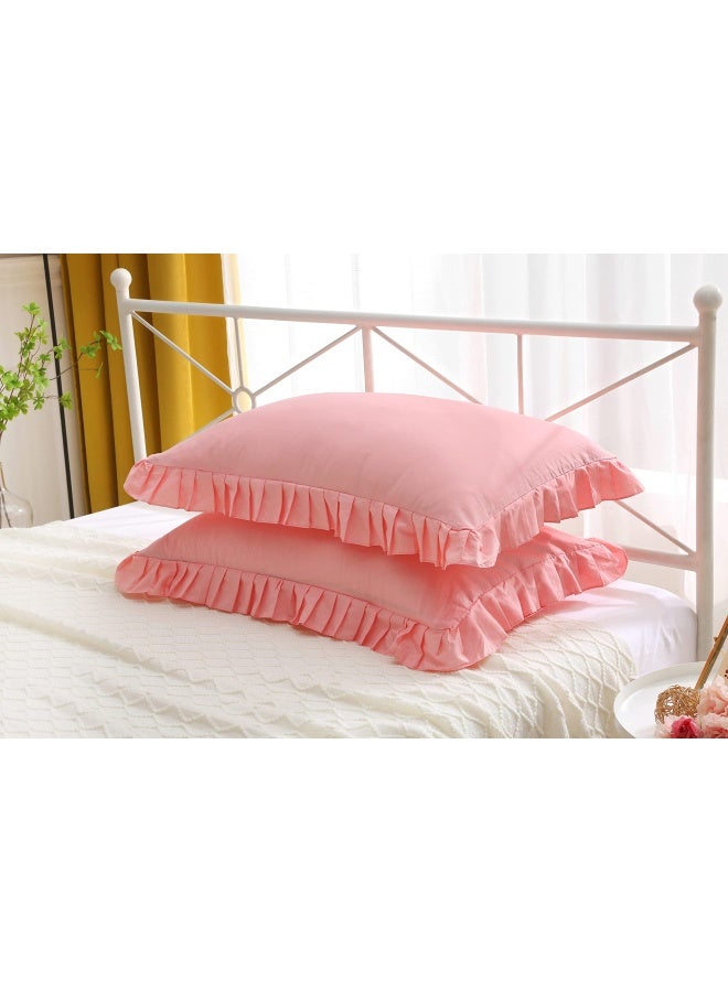 Hem Ruffle Pillow Cases Pillow Shams Covers Pink Queen Size Set Of 2 Cotton 20X30 Inches