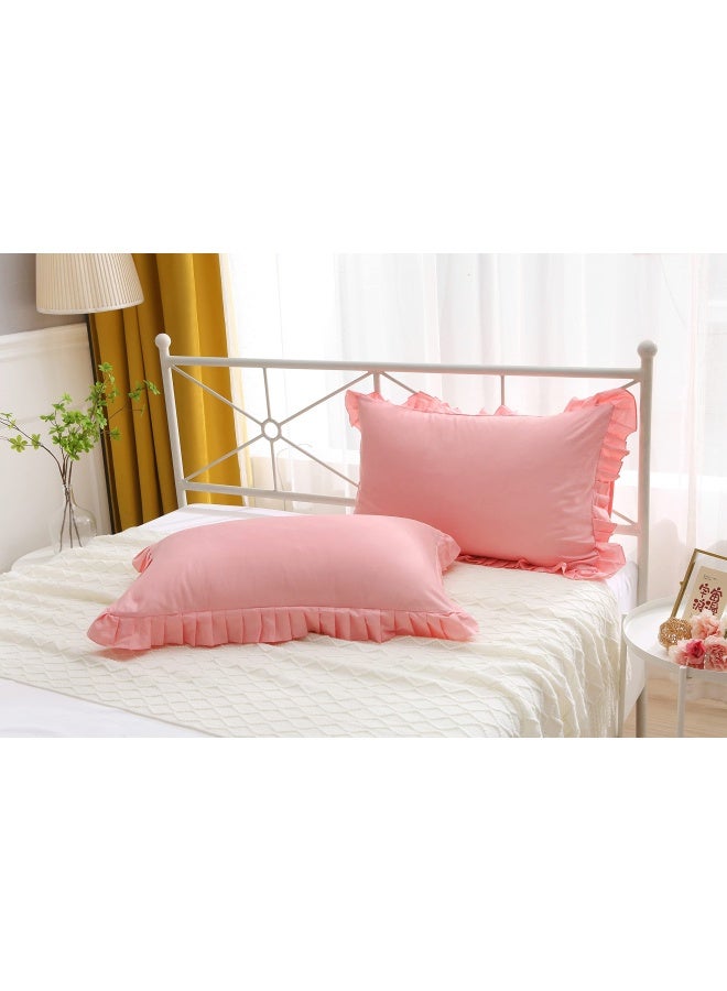 Hem Ruffle Pillow Cases Pillow Shams Covers Pink Queen Size Set Of 2 Cotton 20X30 Inches