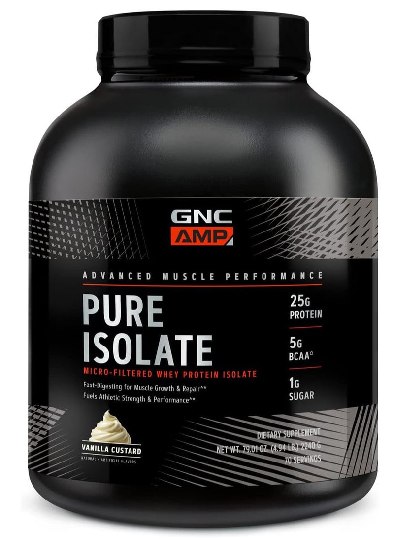 GNC AMP Pure Isolate | Fuels Athletic Strength, Performance and Muscle Growth | Fast Absorbing | 25g Whey Protein Iso with 5g BCAA | Vanilla Custard | 70 Servings