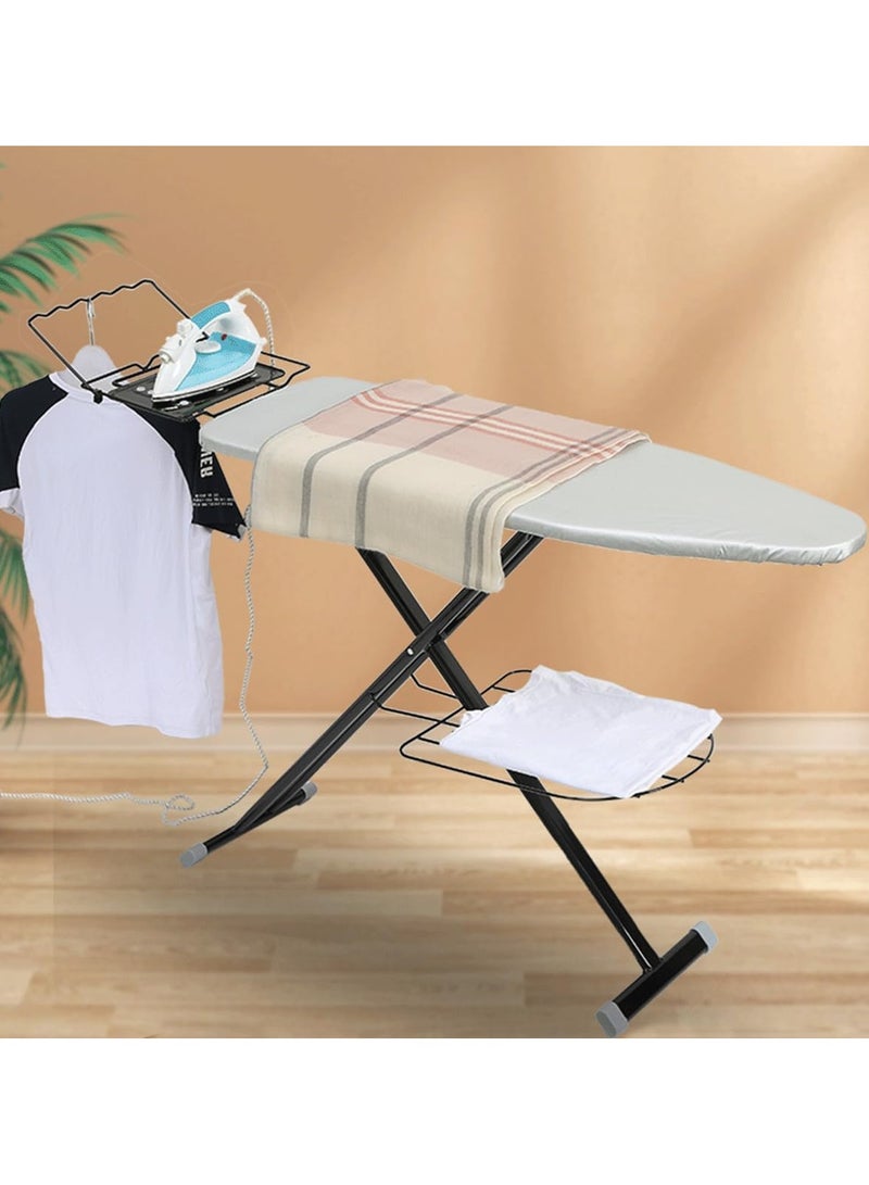 Fold Up Ironing Board with Steam Press Rest Garment Hanger Rack Foldable Powder Coated Metal Alloy Body Heat Resistant Cover Non Slip Feet For Home Apartment Hotel