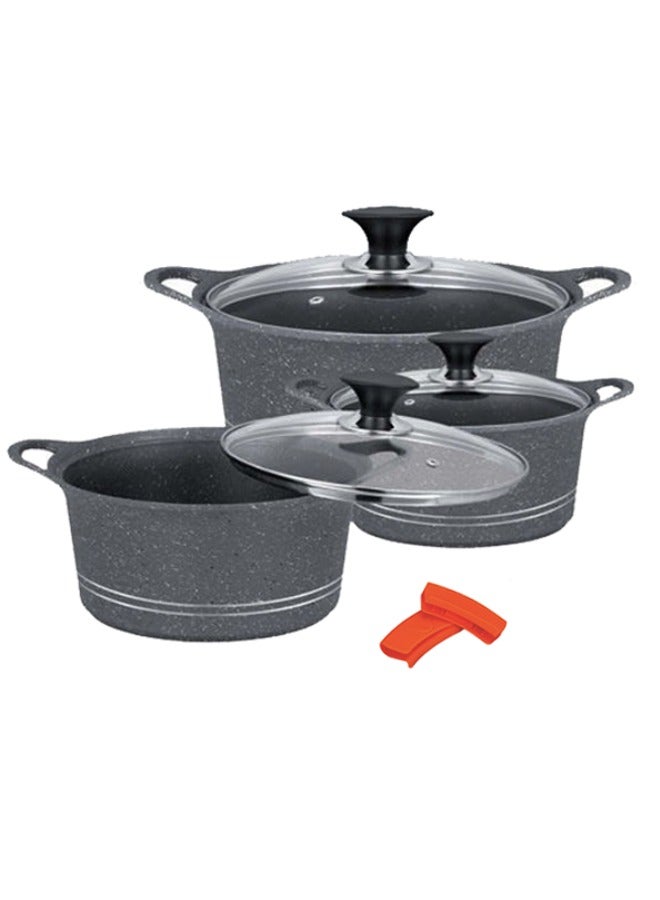 Sonex Diecast Non-Stick Eden Mega 3-Piece Cookware Set with Pot Holder, Sizes 9L, 13L, 19L, Elegant Grey Marble Finish, Superior Heat Distribution, Durable Handles, All Stovetop Compatibility, Grey