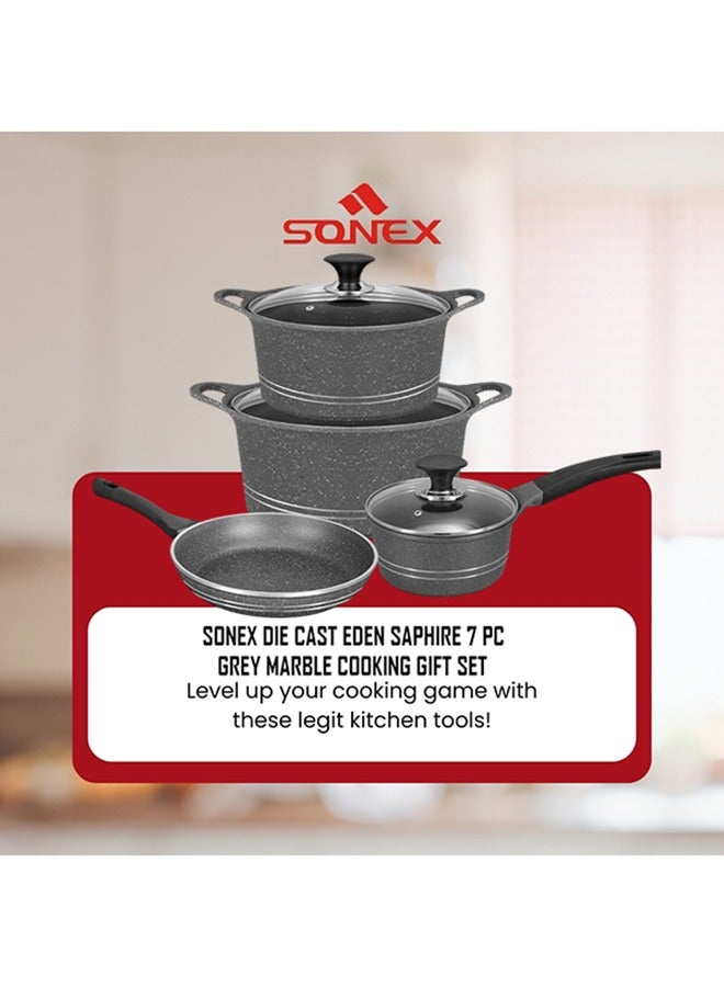 Sonex Diecast Eden Sapphire 7-Piece Gift Set, Korean Technology, Grey Marble Non-Stick Coating, Includes Casserole Pots, Sauce Pot, Frypan, Glass Lids, Easy to Clean,  Long Lasting Performance, Grey