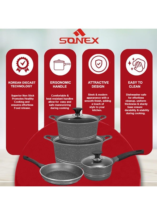 Sonex Diecast Eden Sapphire 7-Piece Gift Set, Korean Technology, Grey Marble Non-Stick Coating, Includes Casserole Pots, Sauce Pot, Frypan, Glass Lids, Easy to Clean,  Long Lasting Performance, Grey