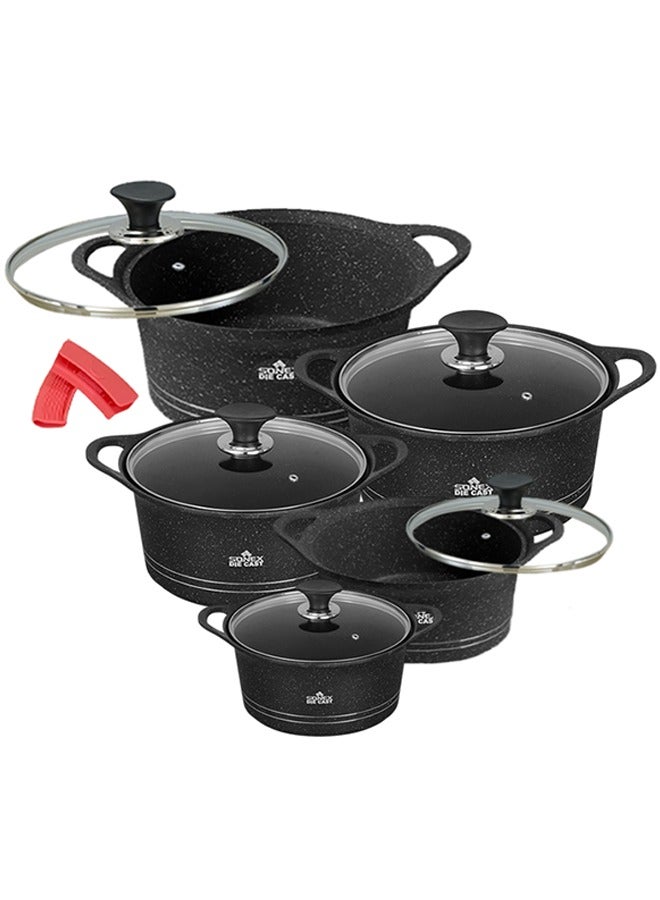 Sonex Diecast Glory Supreme 12-Piece Cookware Set, Marble Coated, Premium Quality, with Pot Holders, Sizes 3L to 19L, Advanced Korean Diecast Technology, Non-Stick, Dishwasher Safe, Black