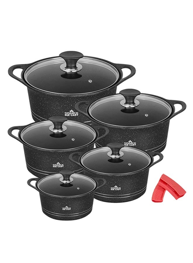 Sonex Diecast Glory Supreme 12-Piece Cookware Set, Marble Coated, Premium Quality, with Pot Holders, Sizes 3L to 19L, Advanced Korean Diecast Technology, Non-Stick, Dishwasher Safe, Black