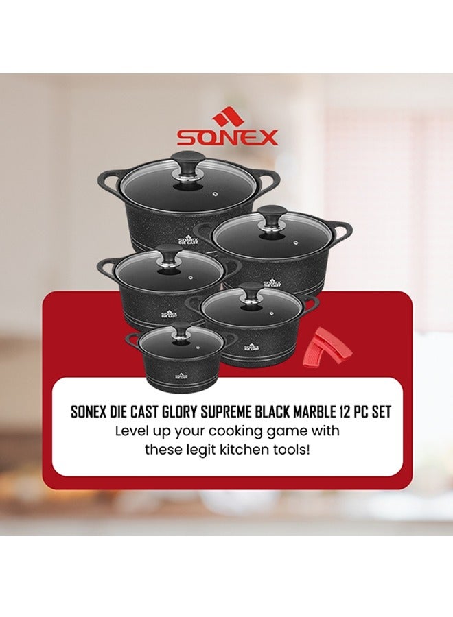 Sonex Diecast Glory Supreme 12-Piece Cookware Set, Marble Coated, Premium Quality, with Pot Holders, Sizes 3L to 19L, Advanced Korean Diecast Technology, Non-Stick, Dishwasher Safe, Black