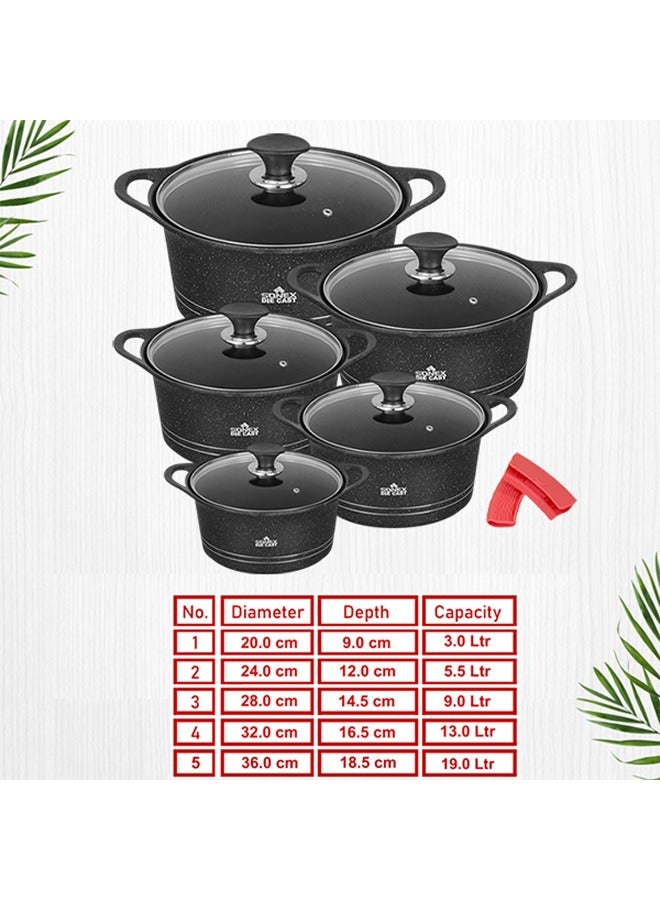 Sonex Diecast Glory Supreme 12-Piece Cookware Set, Marble Coated, Premium Quality, with Pot Holders, Sizes 3L to 19L, Advanced Korean Diecast Technology, Non-Stick, Dishwasher Safe, Black