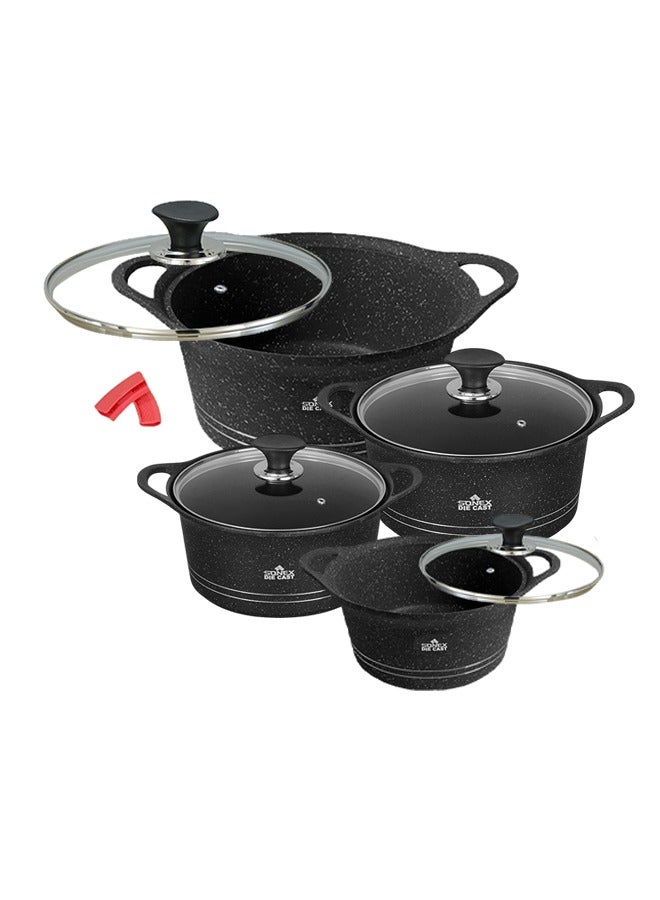 Sonex Diecast Eden King Non-Stick Cookware Set, 10-Piece, Glass Lids & Silicone Holders, 3L-13L, Advanced Korean Diecast Technology, Marble Non-Stick Coating, Dishwasher Safe, PTFE & PFOA-Free, Black