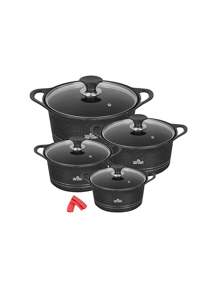 Sonex Diecast Eden King Non-Stick Cookware Set, 10-Piece, Glass Lids & Silicone Holders, 3L-13L, Advanced Korean Diecast Technology, Marble Non-Stick Coating, Dishwasher Safe, PTFE & PFOA-Free, Black