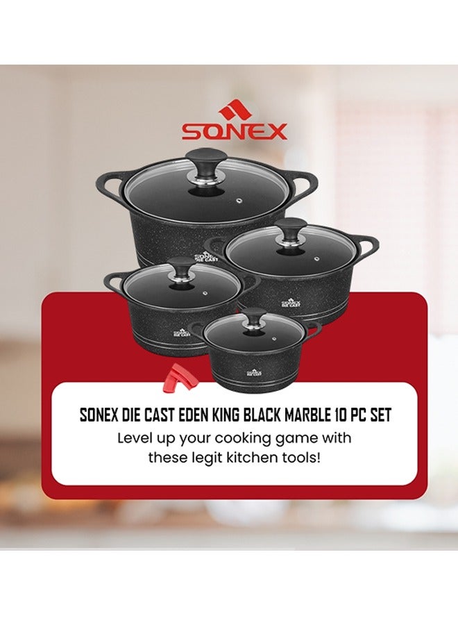 Sonex Diecast Eden King Non-Stick Cookware Set, 10-Piece, Glass Lids & Silicone Holders, 3L-13L, Advanced Korean Diecast Technology, Marble Non-Stick Coating, Dishwasher Safe, PTFE & PFOA-Free, Black