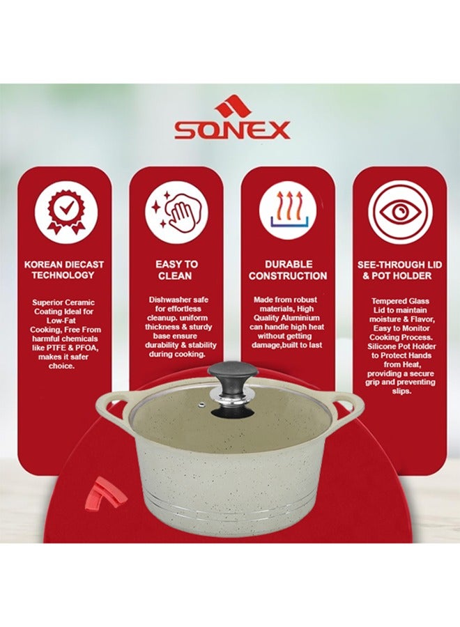 Sonex Diecast Eden King Non-Stick Cookware Set, 10-Piece, Glass Lids & Silicone Holders, 3L-13L, Advanced Korean Diecast Technology, Marble Non-Stick Coating, Dishwasher Safe PTFE & PFOA-Free, White