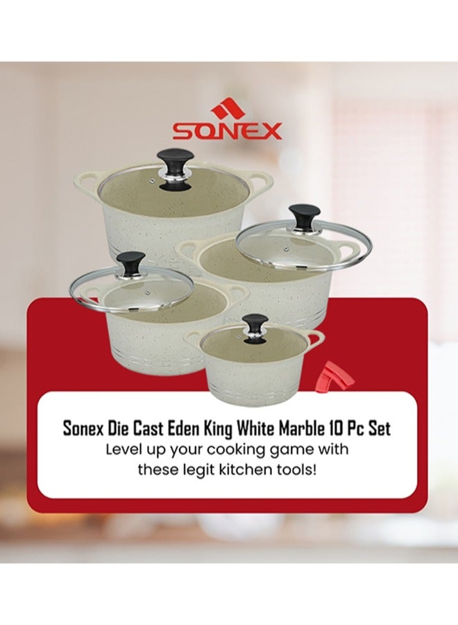 Sonex Diecast Eden King Non-Stick Cookware Set, 10-Piece, Glass Lids & Silicone Holders, 3L-13L, Advanced Korean Diecast Technology, Marble Non-Stick Coating, Dishwasher Safe PTFE & PFOA-Free, White