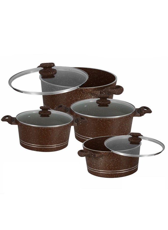 Sonex Diecast Crown King 8-Piece Cookware Set, Premium Chocolate Marble Non-Stick Coating, Sizes 3L to 12.5L, Durable Construction, Ergonomic Bakelite Handles, Even Heat Distribution, Chocolate