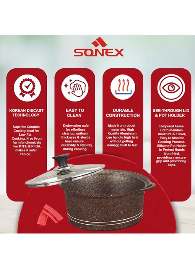 Sonex Diecast Eden King Non-Stick Cookware Set, 10-Piece, Glass Lids & Silicone Holders, 3L-13L, Advanced Korean Diecast Technology, Marble Non-Stick Coating, Dishwasher Safe,PFOA-Free,Chocolate