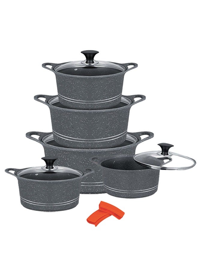 Sonex Diecast Glory Supreme 12-Piece Cookware Set, Marble Coated, Premium Quality, with Pot Holders, Sizes 3L to 19L, Advanced Korean Diecast Technology, Non-Stick, Dishwasher Safe, Grey