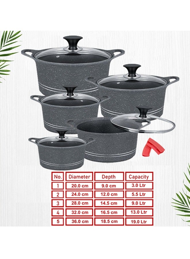 Sonex Diecast Glory Supreme 12-Piece Cookware Set, Marble Coated, Premium Quality, with Pot Holders, Sizes 3L to 19L, Advanced Korean Diecast Technology, Non-Stick, Dishwasher Safe, Grey