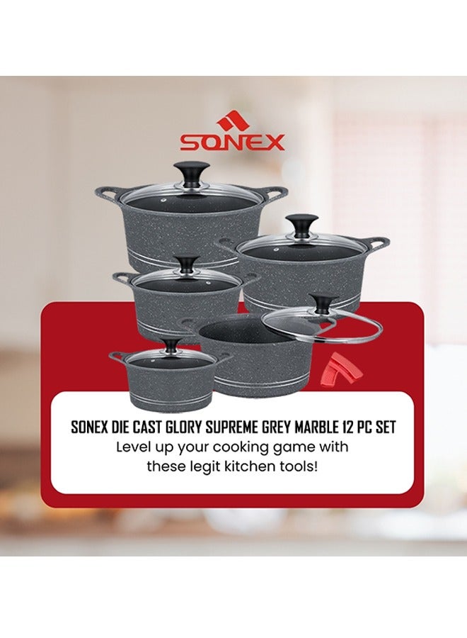 Sonex Diecast Glory Supreme 12-Piece Cookware Set, Marble Coated, Premium Quality, with Pot Holders, Sizes 3L to 19L, Advanced Korean Diecast Technology, Non-Stick, Dishwasher Safe, Grey