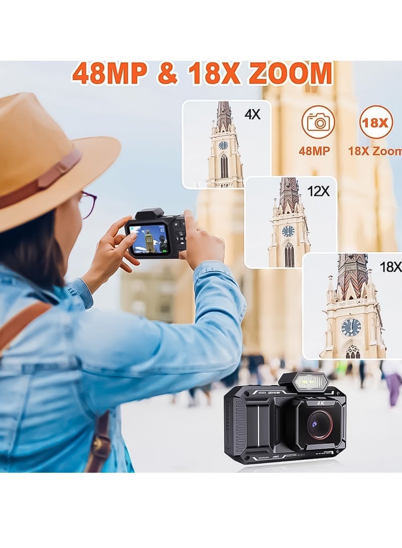 48MP Full HD 1080 Advanced Digital Camera Video Stabilization & 18x Digital Zoom, Porodo - Black