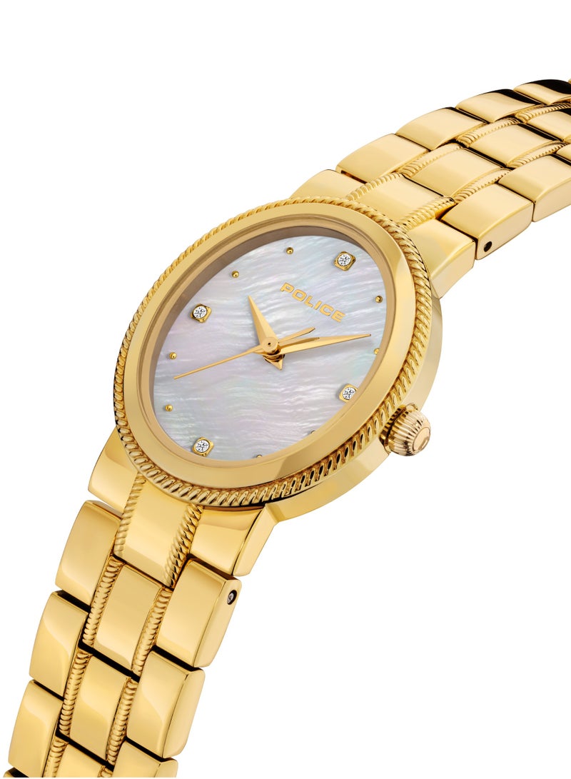 Women's MEA-L03 White Mother-of-Pearl Dial with Yellow Gold Plated Plated Stainless Steel Bracelet Watch